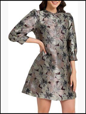 Floral Jacquard Shift Dress with Puff Sleeves Button Up Cocktail Party